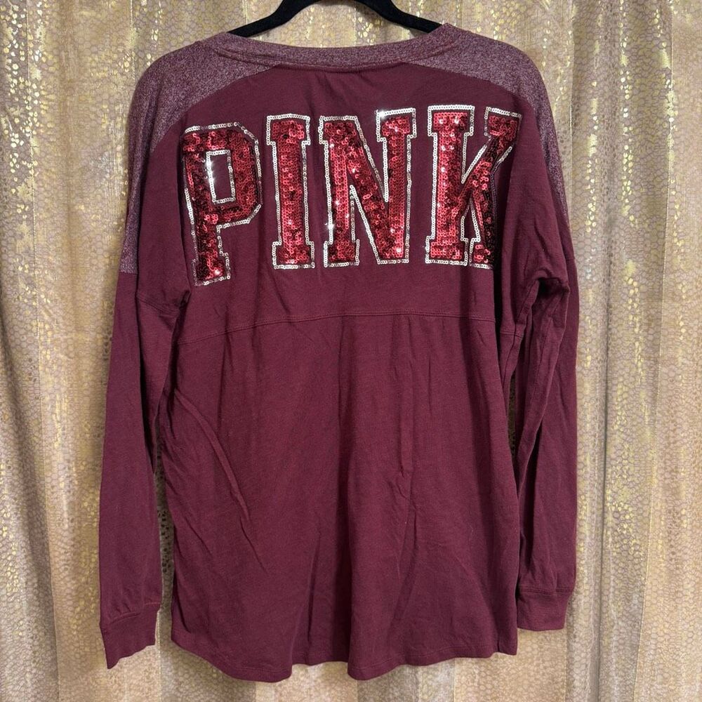 PINK Victorias Secret Burgundy Silver Sequin Bling Logo V Neck Top Medium